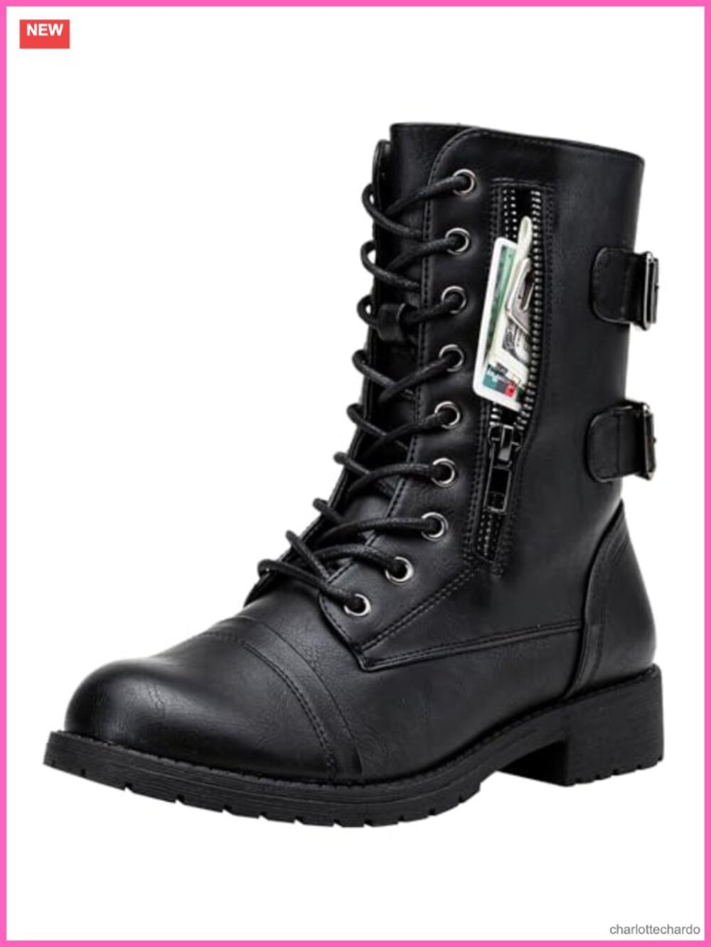 Vepose Women's Extra Wide Mid Calf Combat Boots with Inner Zipper